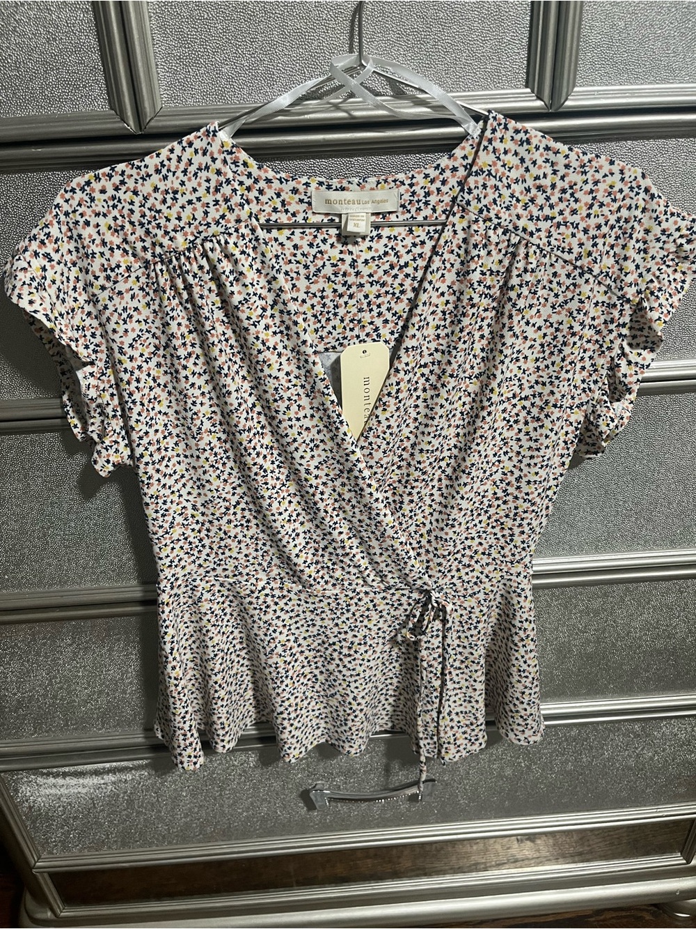 Monteau Cream Floral Tie-Front Blouse